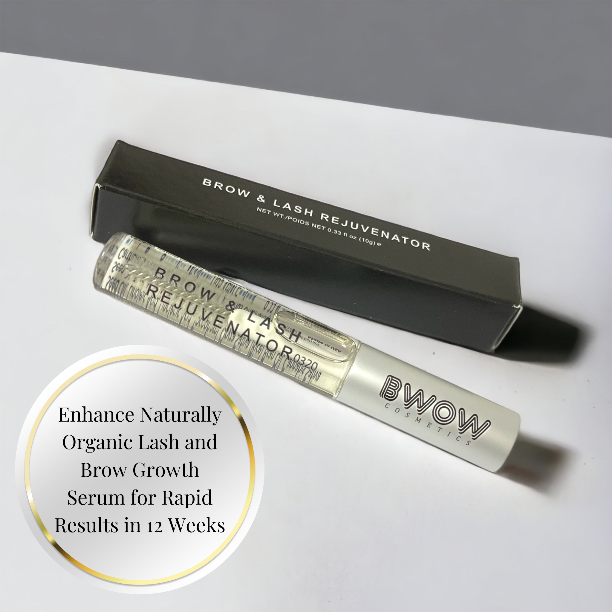 bwow cosmetics lash and growth serum in clear tube next to black packaging and text information