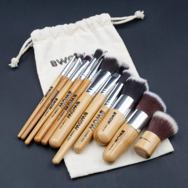 Bamboo Makeup Brushes - 11 Piece Set with Cotton Bag Case