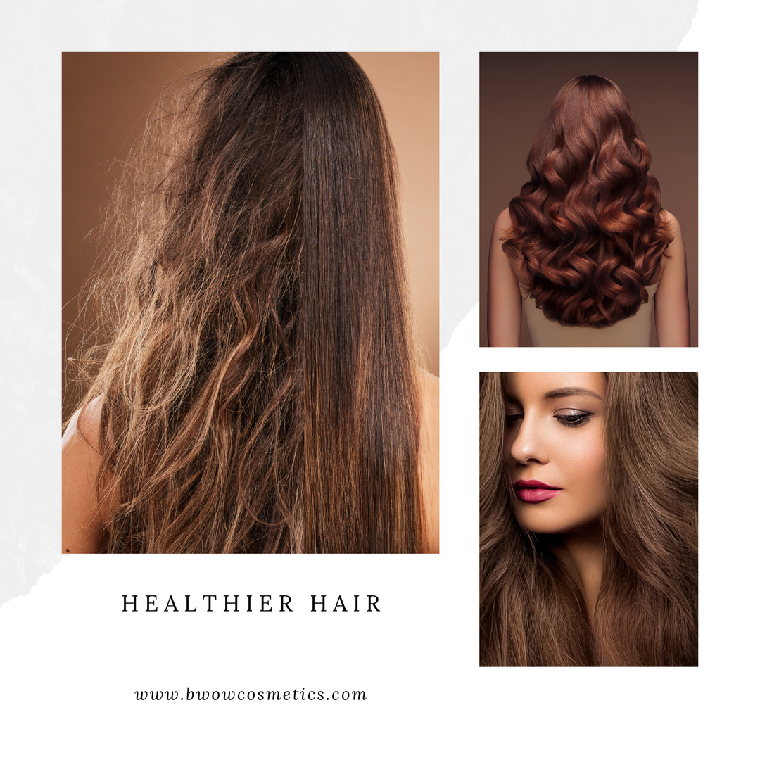 3 images in total - 1 of frizzy hair and relaxed hair, from behind image of curled bouncy healthy hair and 1 face forward of a women hair surrounding face
