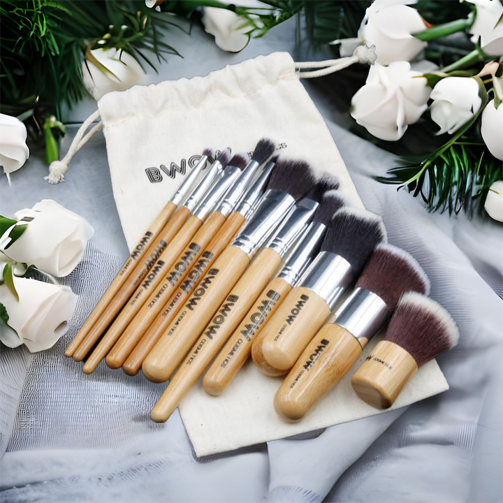 Bamboo Makeup Brushes - 11 Piece Set with Cotton Bag Case