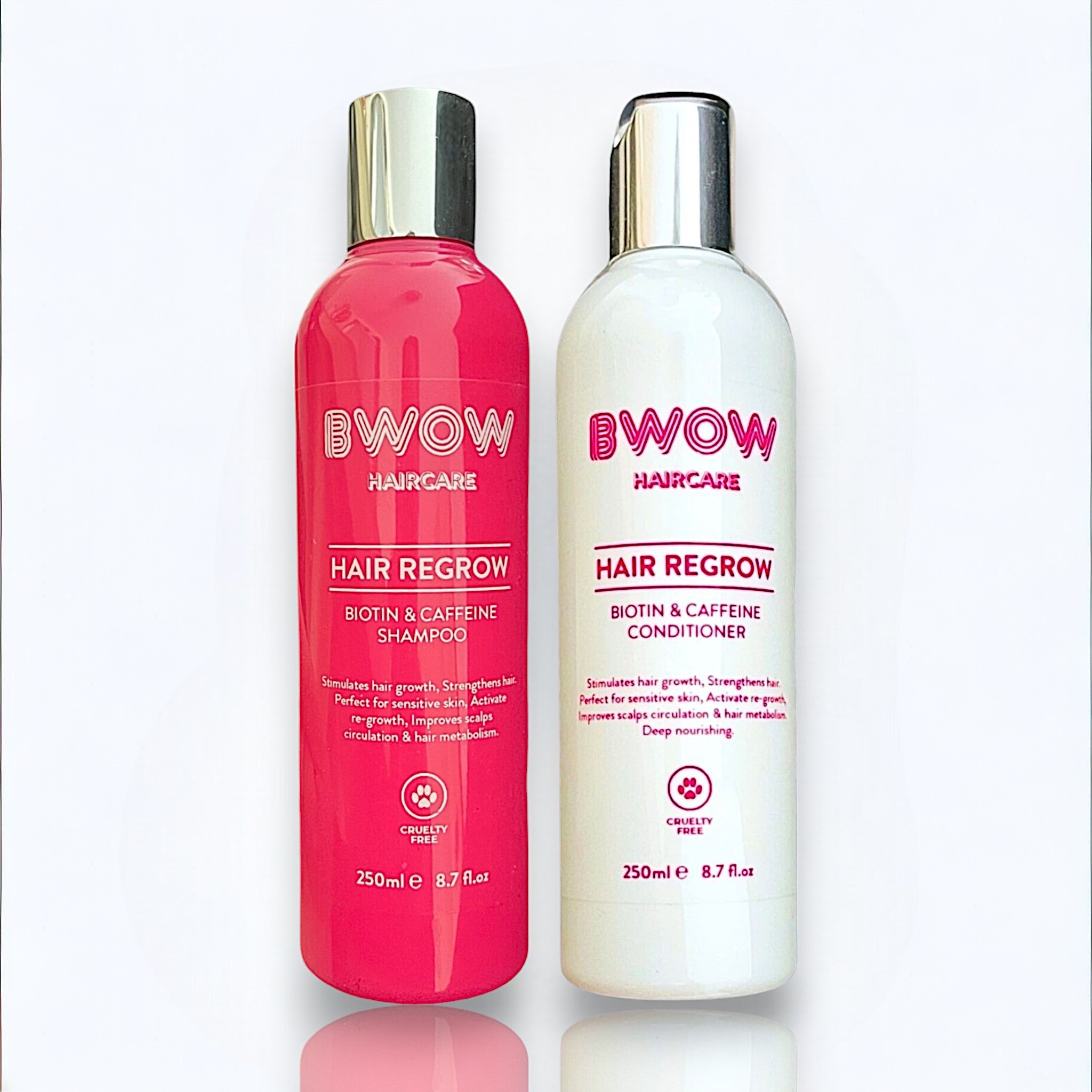 bottle of bwow cosmetics hair growth shampoo and conditioner in pink and white bottles