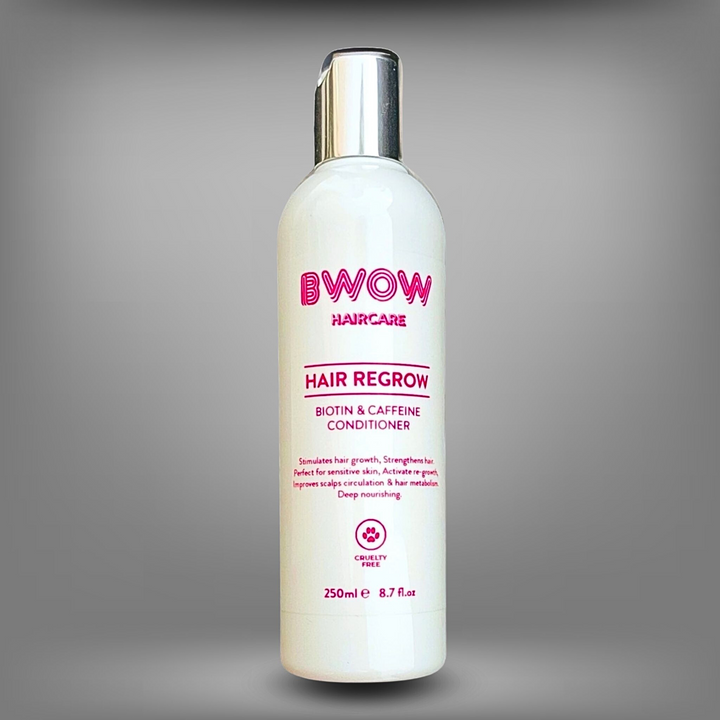 Bottle of BWOW Hair Regrow Biotin & Caffeine Conditioner on a grey background.