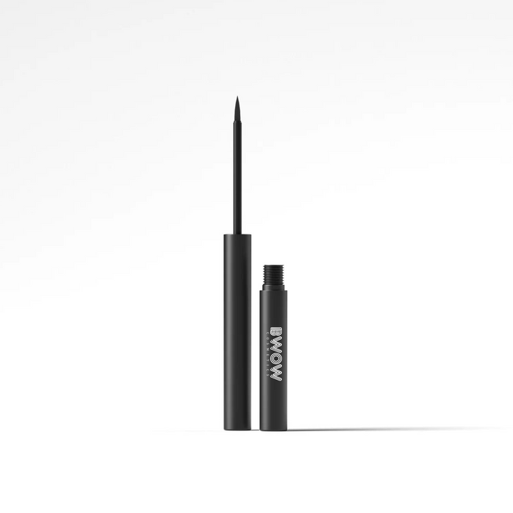 liquid eyeliner tube and precision point showing standing upright in black with bwow cosmetics logo