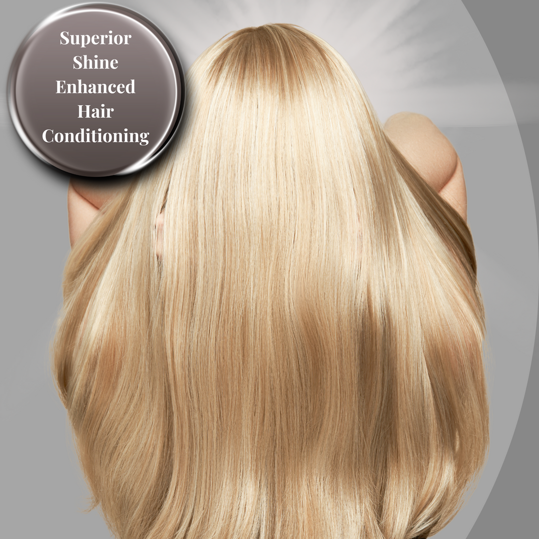 back of a womens head, long blonde hair on show, shining, vibrant and glossy, text icon, superior shine enhanced hair conditioning 