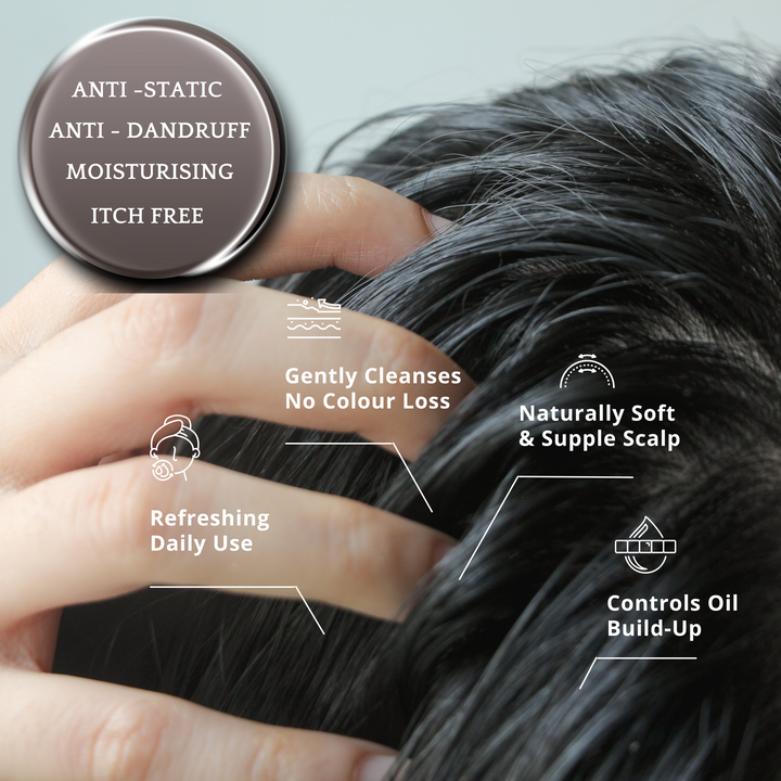 Close-up of fingers running through dark hair with text highlighting features of an anti-static, anti-dandruff, moisturizing, itch-free shampoo.