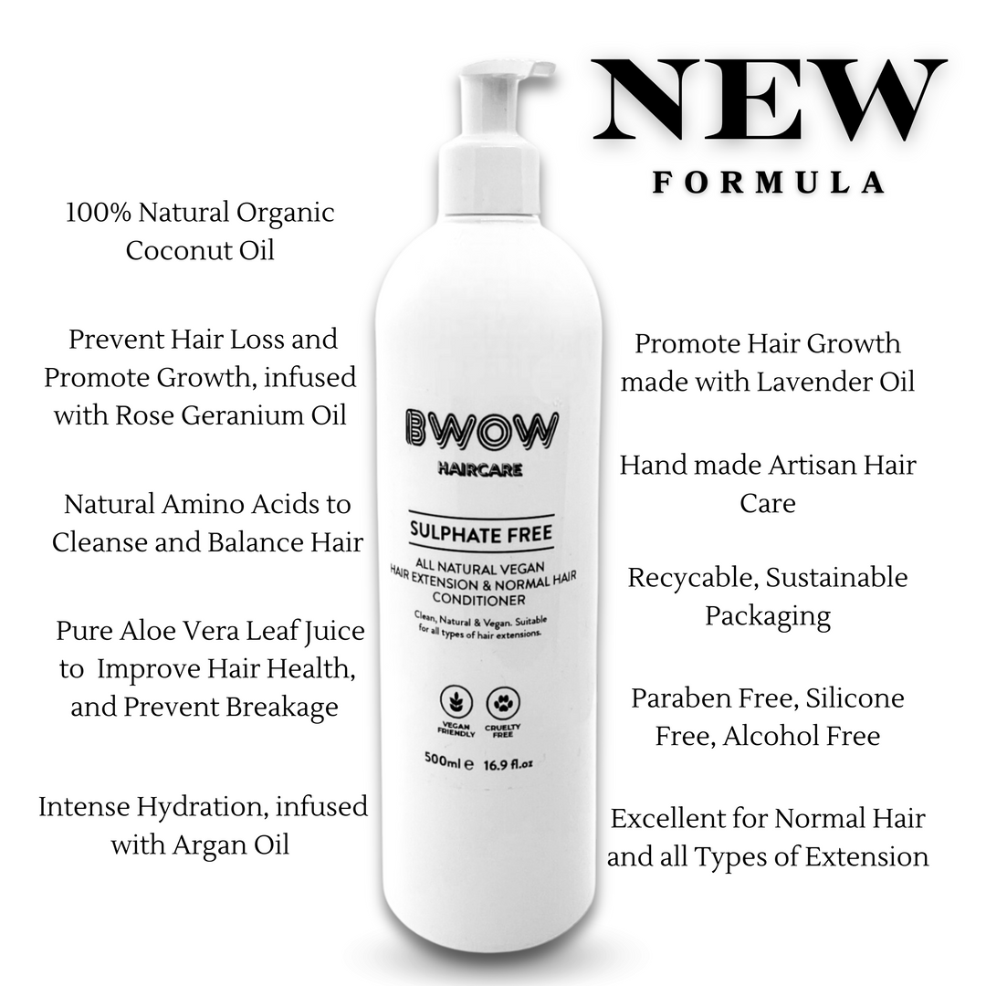 new formula text brand BWOW haircare sulphate free white bottle conditioner with product information listed either side of the bottle