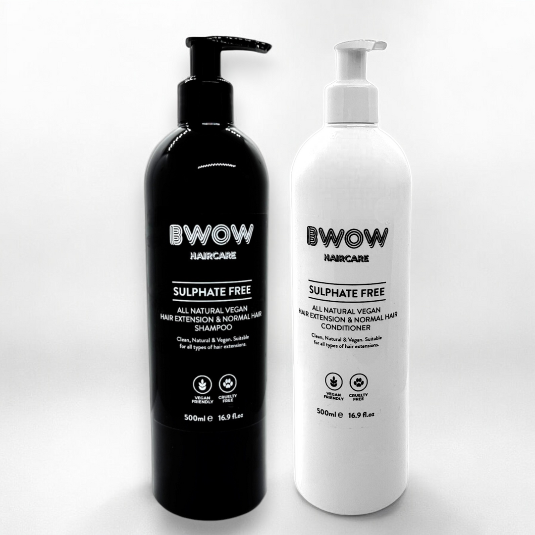 2 bottles of hair care shampoo in black bottle and white conditioner called BWOW sulphate free