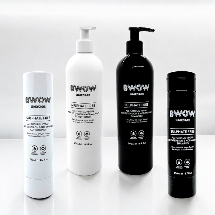 4 bottles of hair care shampoo in black bottle and white conditioner called BWOW sulphate free